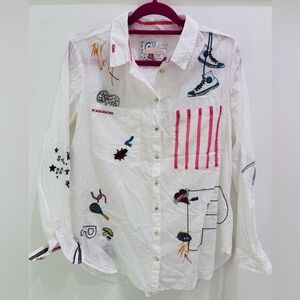 Pilcro White Shirt with Blue Embroidery